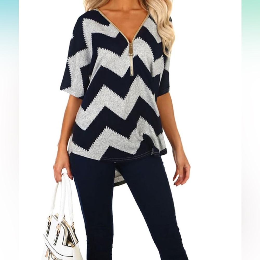 APRICOT Navy and White Chevron Blouse size Large